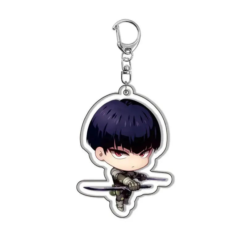 Chibi style kafka acrylic pendant keychain with dark blue hair character in gray armor holding two swords bag charm