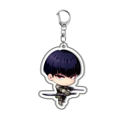 Chibi style kafka acrylic pendant keychain with dark blue hair character in gray armor holding two swords bag charm