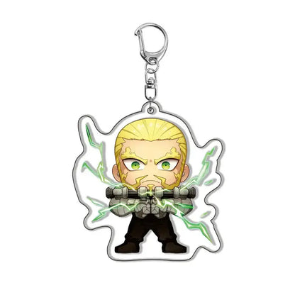Kaiju no 8 kafka acrylic pendant keychain with chibi character, blonde hair, green eyes, and glowing green lightning effects