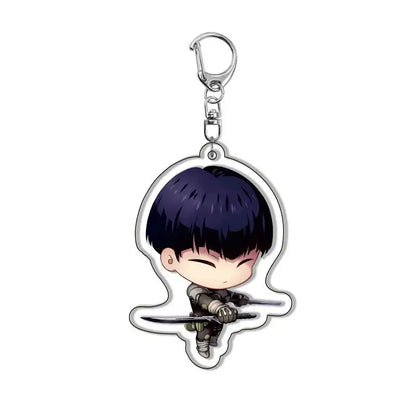 Chibi-style kafka acrylic pendant keychain with dark blue hair and armor holding sword kaiju no 8 bag charm