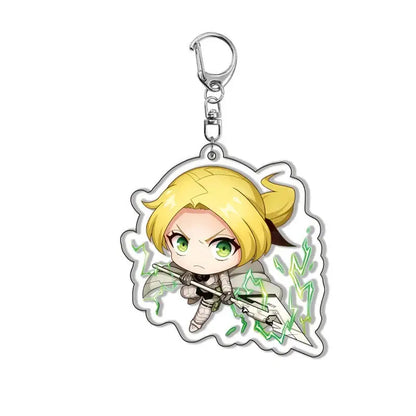 Chibi-style kafka acrylic pendant keychain featuring a blonde character with green eyes and glowing green lightning effects