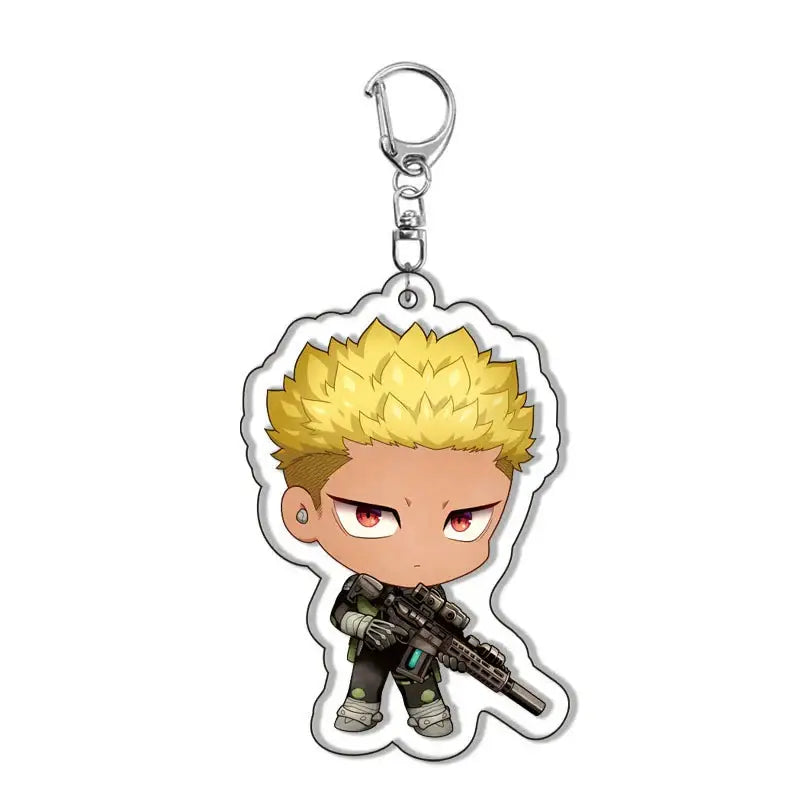 Chibi-style kafka acrylic pendant keychain featuring a blonde tactical gear character with rifle and silver clip