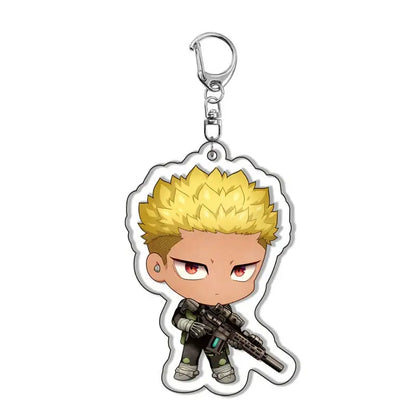 Chibi-style kafka acrylic pendant keychain featuring a blonde tactical gear character with rifle and silver clip