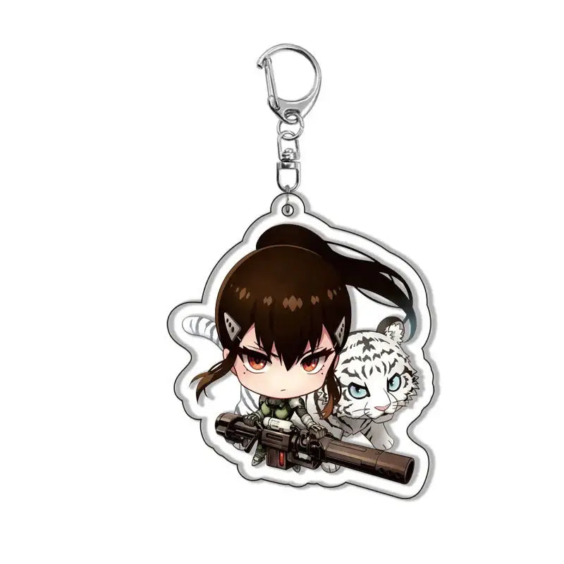 Chibi-style kafka acrylic pendant keychain with brown hair character and white tiger holding a rifle for bag charm