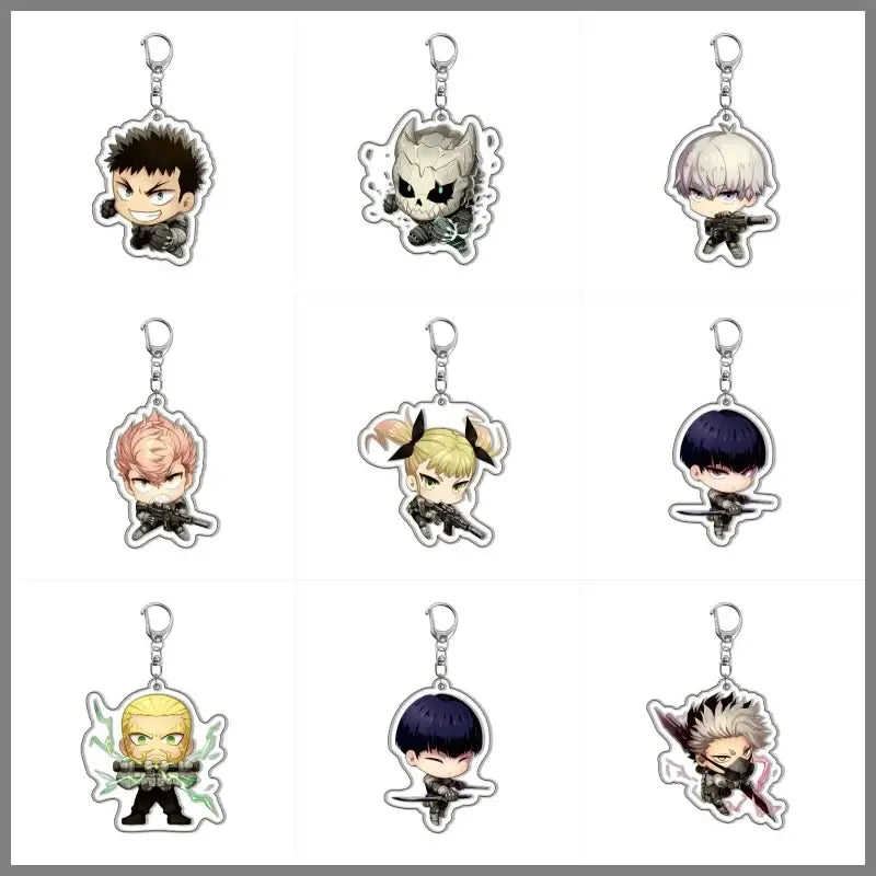 Set of nine chibi-style kafka acrylic pendant keychains with detailed expressions on silver metal rings bag charm