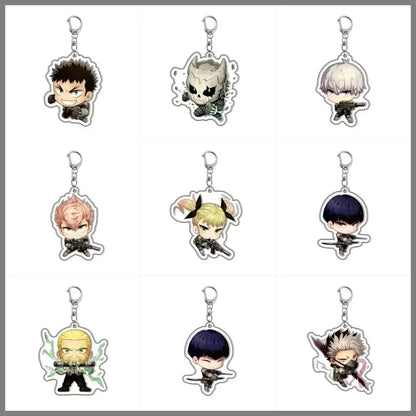Set of nine chibi-style kafka acrylic pendant keychains with detailed expressions on silver metal rings bag charm