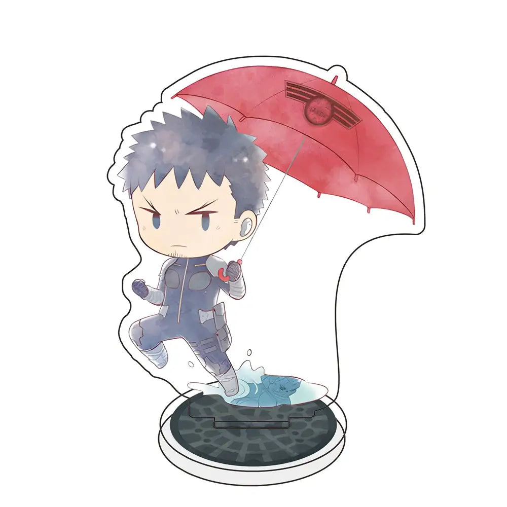 Chibi-style kafka hibino acrylic stand featuring gray tactical gear and red umbrella on a dark textured base