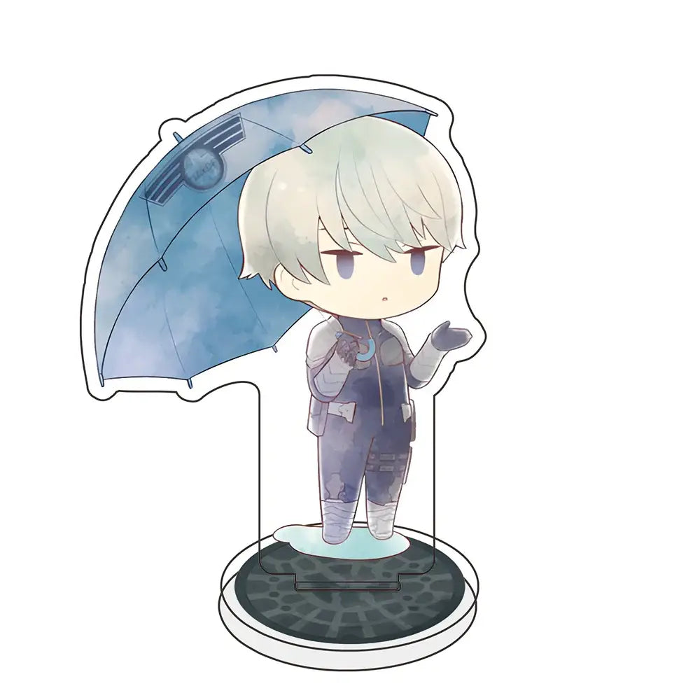 Chibi-style kafka hibino acrylic stand featuring silver hair and dark gray tactical gear holding a blue umbrella