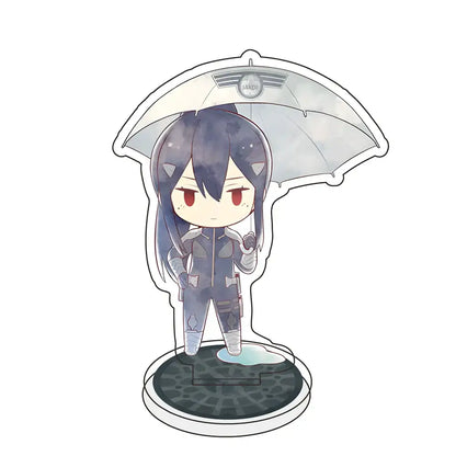 Chibi-style kafka hibino acrylic stand with dark blue hair red eyes gray tactical suit holding iaas umbrella on base