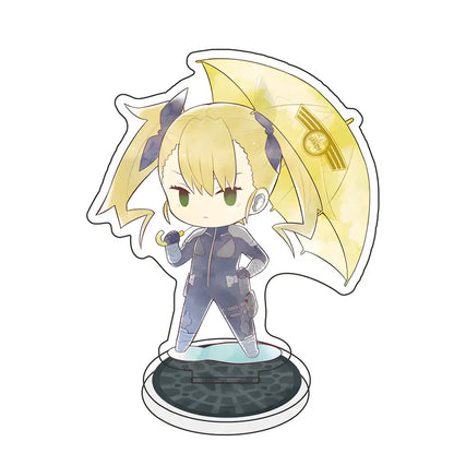 Chibi-style kafka hibino acrylic stand featuring a blonde character in dark gray tactical suit holding yellow umbrella with gold emblem
