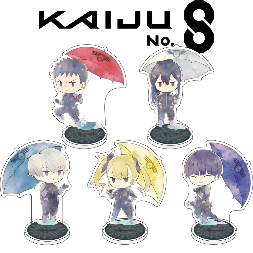 Five chibi-style kaiju no kafka hibino acrylic stands in vibrant colors, 10cm acrylic figurines for collection display