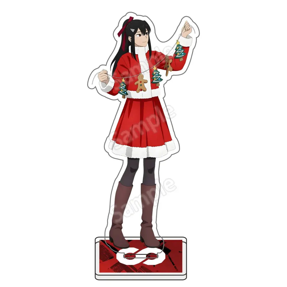 Kafka hibino acrylic stand featuring a red and white christmas-themed anime character with black hair and brown boots