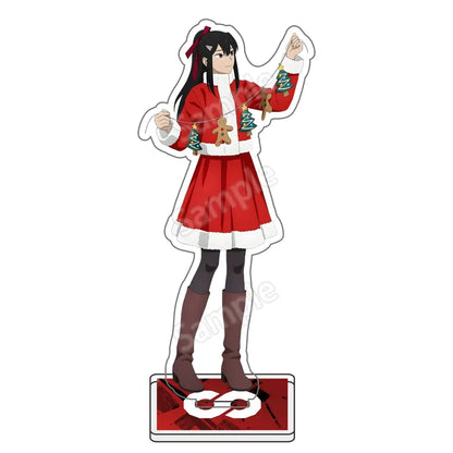 Kafka hibino acrylic stand featuring a red and white christmas-themed anime character with black hair and brown boots