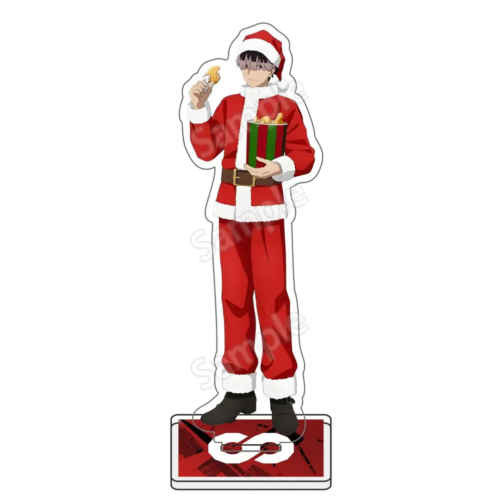 Red and white santa claus-themed kafka hibino acrylic standee holding popcorn bucket with black boots 15cm figure