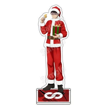 Red and white santa claus-themed kafka hibino acrylic standee holding popcorn bucket with black boots 15cm figure