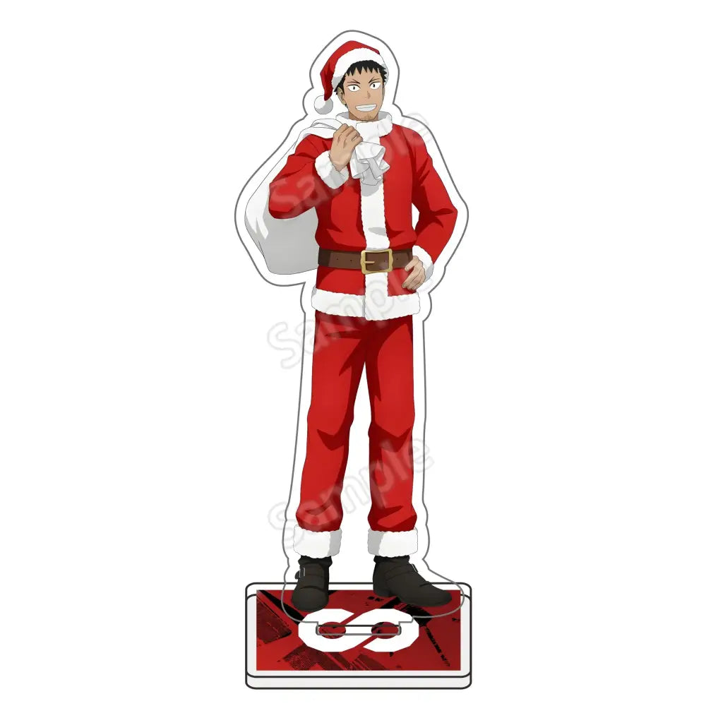 Red and white santa claus kafka hibino acrylic stand figure with black boots on rectangular base with stylized logo
