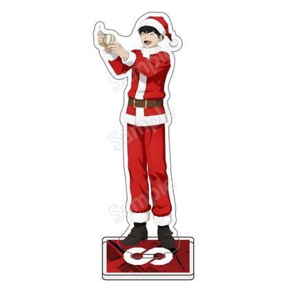 Red and white santa claus figure with black boots holding a golden bell in kafka hibino acrylic 15cm stand