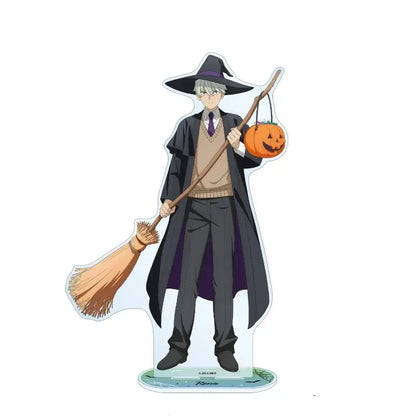 Black witch-themed kaiju no 8 kafka hibino acrylic stand collectible featuring silver-haired character with broom and pumpkin lantern