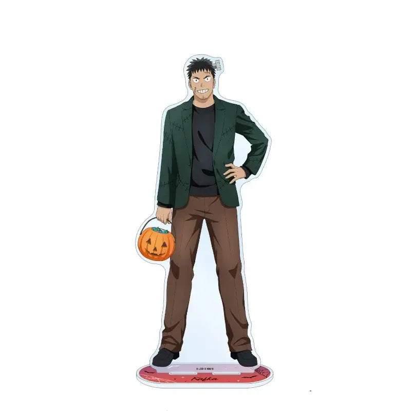 Kaiju no 8 kafka hibino halloween-themed acrylic stand collectible in dark green blazer holding orange pumpkin bucket