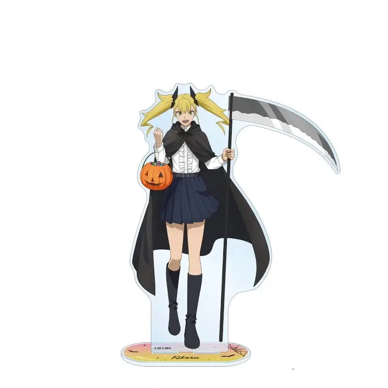 Kaiju no 8 kafka hibino acrylic stand collectible featuring a blonde anime girl with horns holding a pumpkin basket and scythe