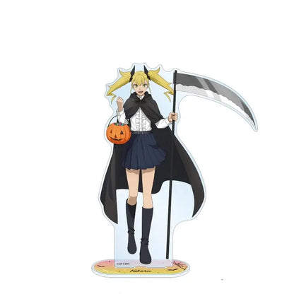 Kaiju no 8 kafka hibino acrylic stand collectible featuring a blonde anime girl with horns holding a pumpkin basket and scythe
