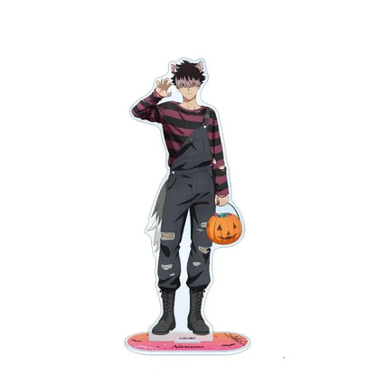 Kaiju no 8 kafka hibino acrylic stand collectible featuring maroon striped shirt gray overalls and pumpkin bucket