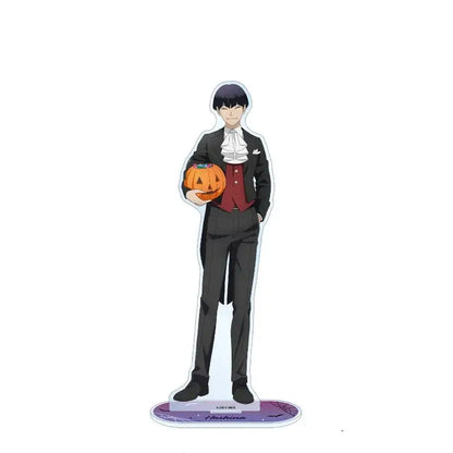 Kaiju No 8 Kafka Hibino acrylic stand collectible featuring a black-tie character holding an orange pumpkin with glossy finish