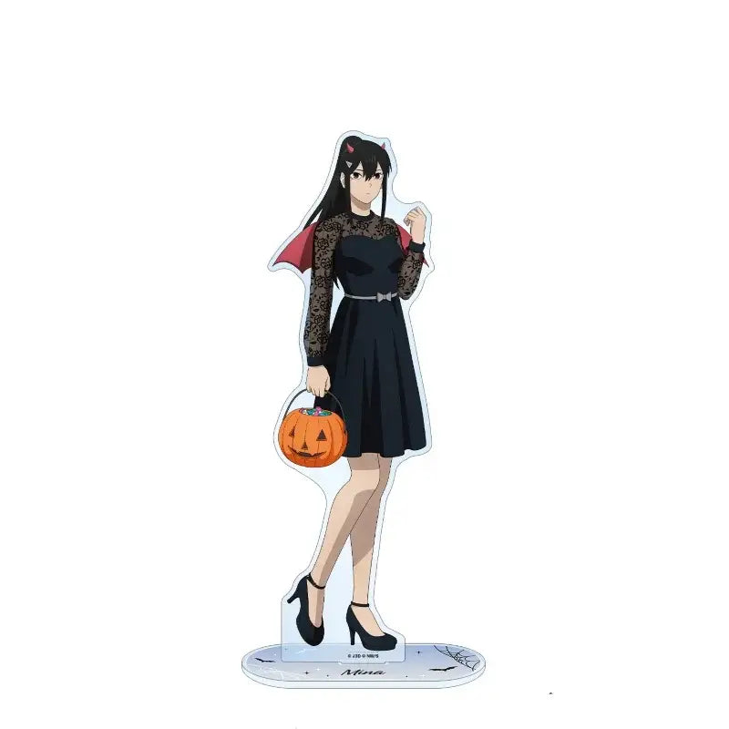 Kaiju no 8 kafka hibino acrylic stand collectible ornament featuring halloween black lace dress and red cape with pumpkin bucket