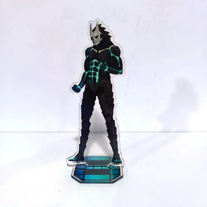 Black and teal kafka hibino acrylic stand featuring sharp horned skeletal mask from my hero academia kaiju no 8 figure