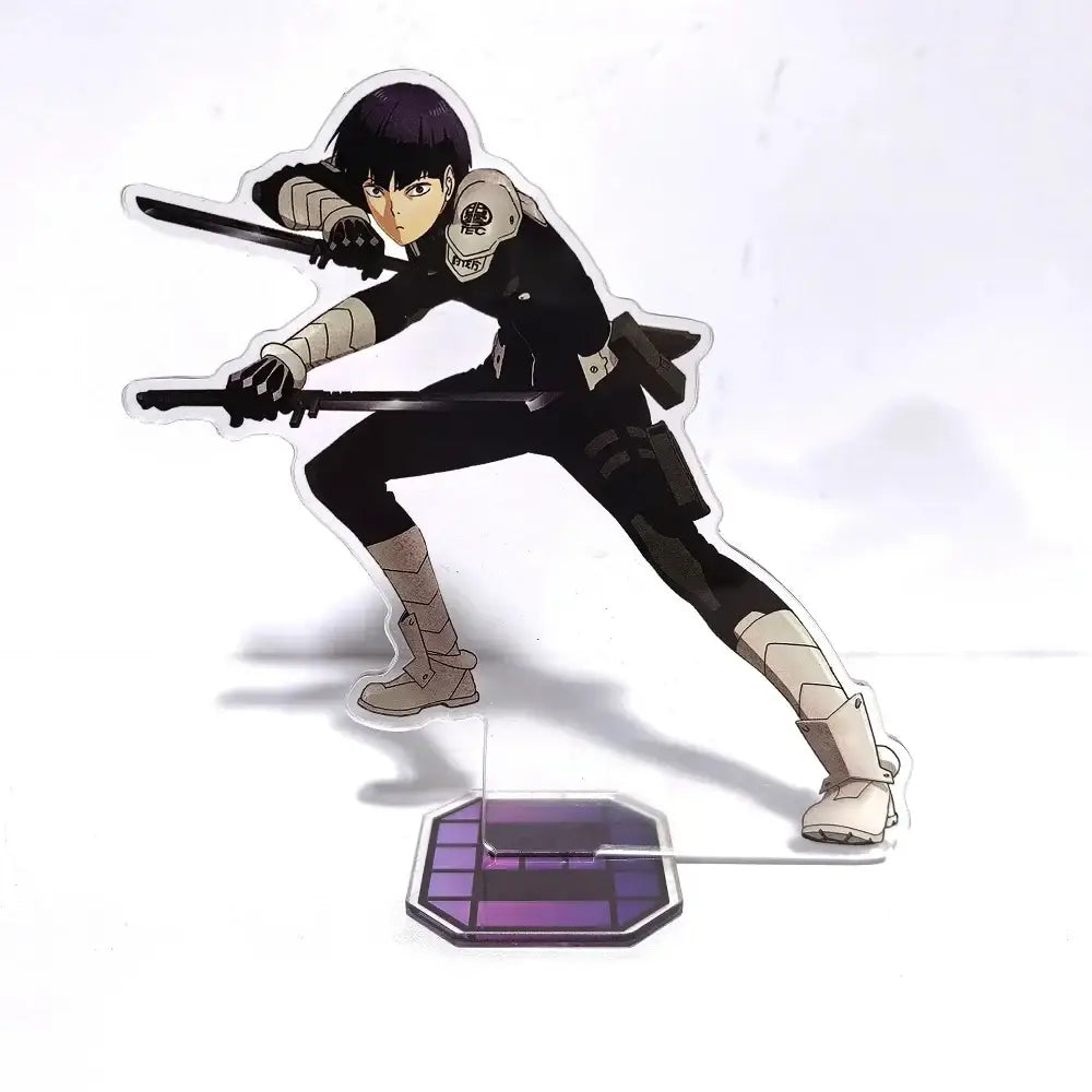 Kaiju no 8 kafka hibino acrylic stand featuring black and beige anime character with dual swords on transparent base
