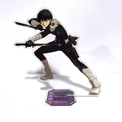 Kaiju no 8 kafka hibino acrylic stand featuring black and beige anime character with dual swords on transparent base