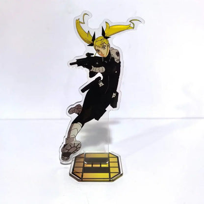 Clear acrylic kafka hibino acrylic stand featuring vibrant yellow pigtails and black tactical outfit holding a firearm