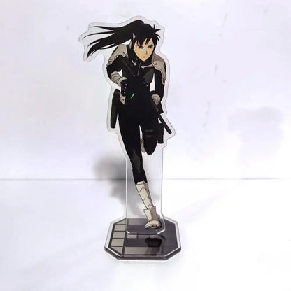 Black and gray kafka hibino acrylic stand featuring tactical gear and rifle in a detailed anime figure design