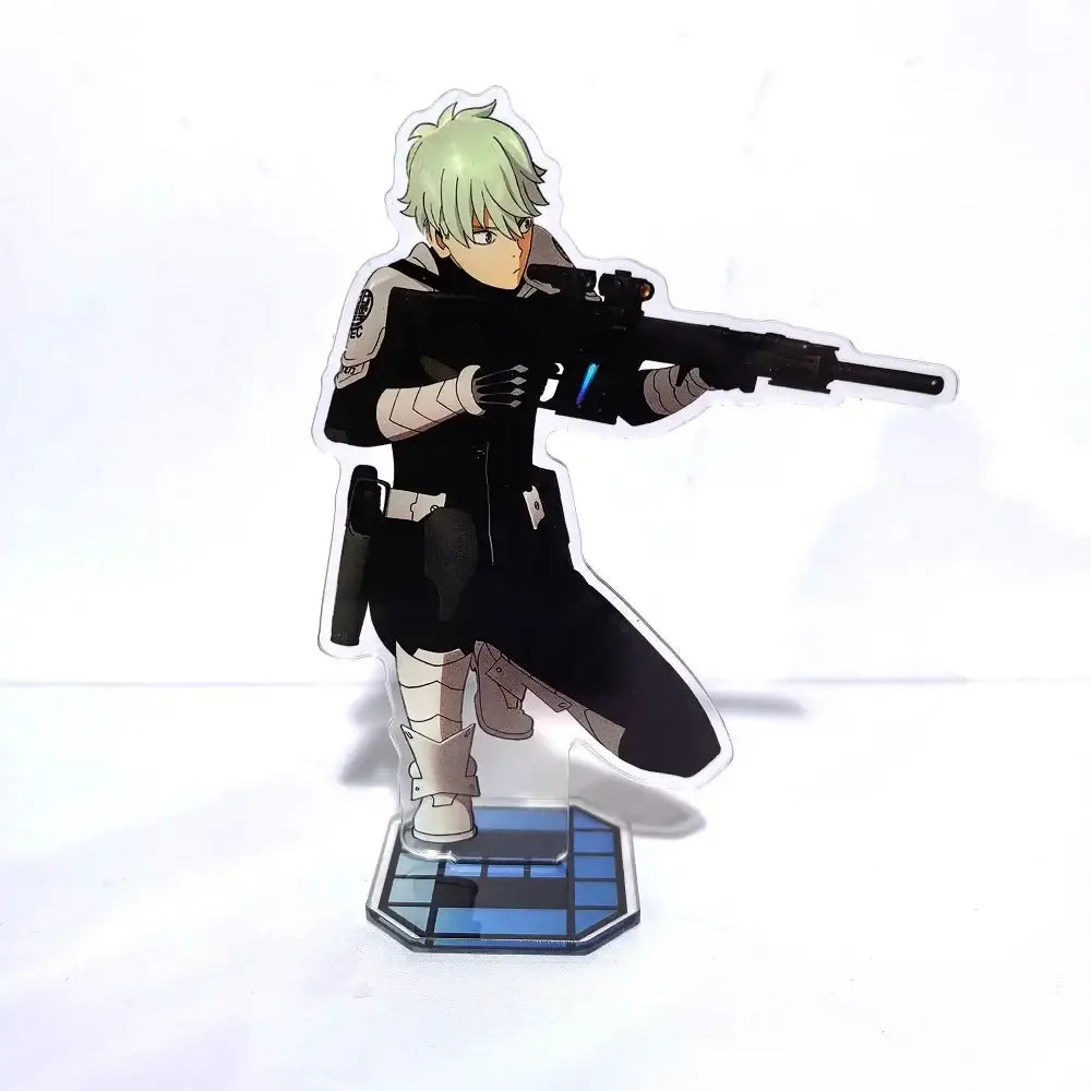 Kafka hibino acrylic stand featuring green-haired anime character holding black rifle with blue accents on clear base