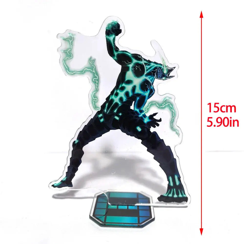Translucent teal and black kafka hibino acrylic stand featuring a muscular lightning-encrusted character in action pose