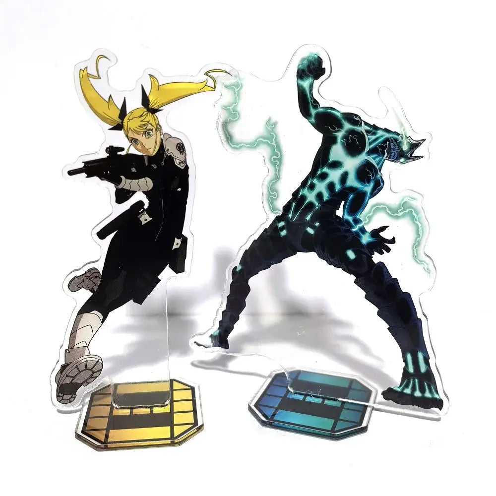 Two anime character acrylic standees featuring kafka hibino in black tactical gear and a blue energy muscular figure acrylic stand