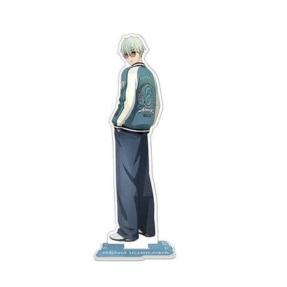 Acrylic stand keychain of reno ichikawa from kuroko’s basketball in teal varsity jacket and sunglasses