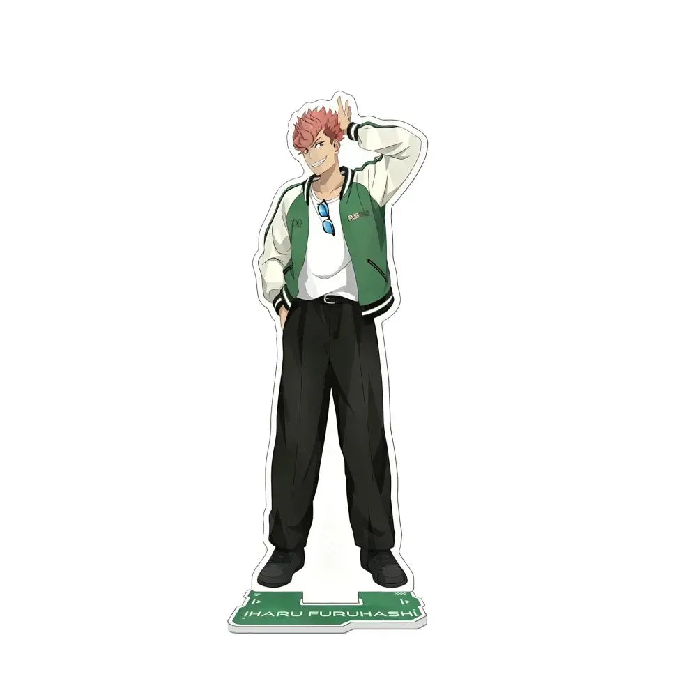 Kaiju no 8 kafka hibino chibi figure acrylic stand keychain with green white jacket pink hair and nameplate base