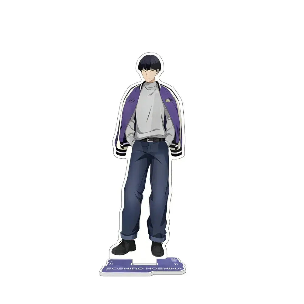 Kaiju no 8 kafka hibino acrylic stand keychain featuring a purple and white varsity jacket with black trim and dark pants