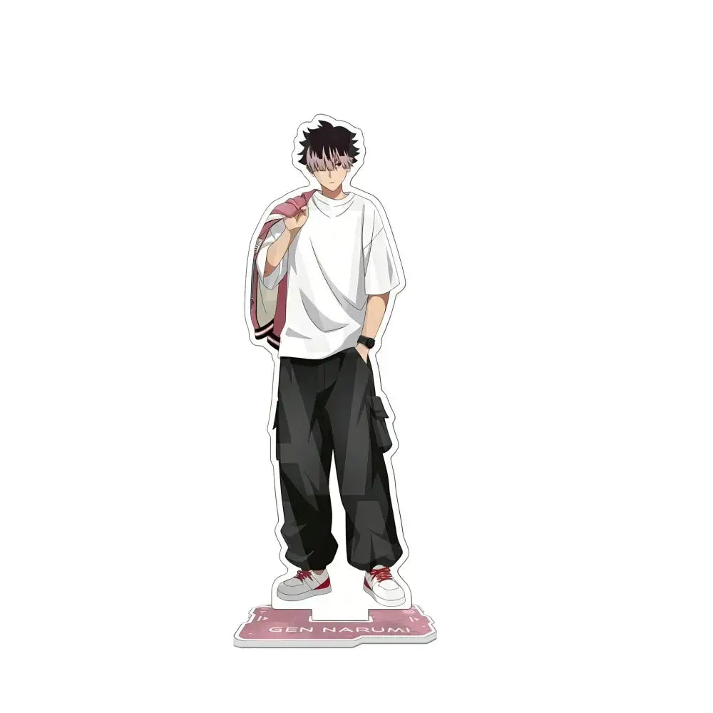 Kaiju no 8 kafka hibino chibi figure acrylic stand keychain featuring gen narumi in white t-shirt and pink jacket