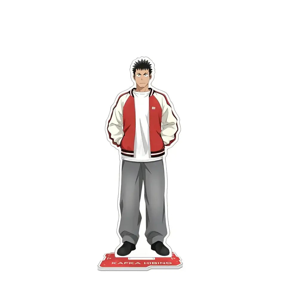 Kaiju no 8 kafka hibino red and white varsity jacket acrylic stand keychain with gray pants on red base labeled kapka hibino