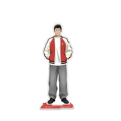 Kaiju no 8 kafka hibino red and white varsity jacket acrylic stand keychain with gray pants on red base labeled kapka hibino