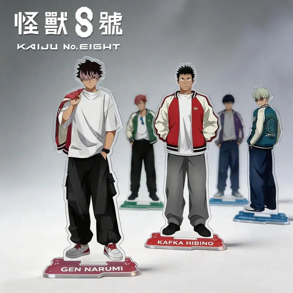 Gen narumi acrylic stand keychain from kaiju no 8 featuring white t-shirt black cargo pants and red sneakers on acrylic base