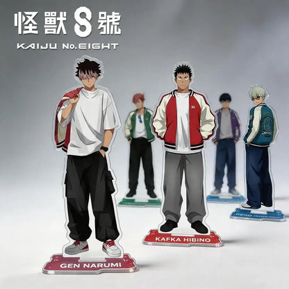Gen narumi acrylic stand keychain from kaiju no 8 featuring white t-shirt black cargo pants and red sneakers on acrylic base