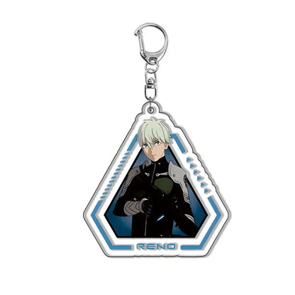 Hexagonal acrylic kafka hibino keychain featuring silver-haired anime character in black tactical outfit with blue accents
