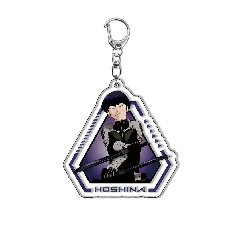 A hexagonal acrylic kafka hibino keychain featuring an anime character with black hair and purple geometric borders