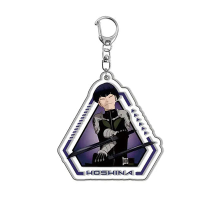 A hexagonal acrylic kafka hibino keychain featuring an anime character with black hair and purple geometric borders