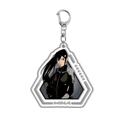 Silver hexagonal acrylic kafka hibino keychain featuring anime character in dark green tactical outfit with white border