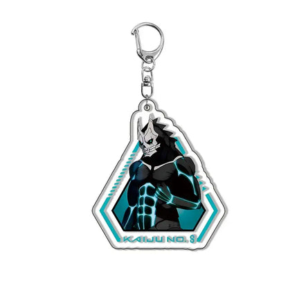 Translucent teal and black acrylic kafka hibino keychain with glowing blue lines and hexagonal anime alloy charm design