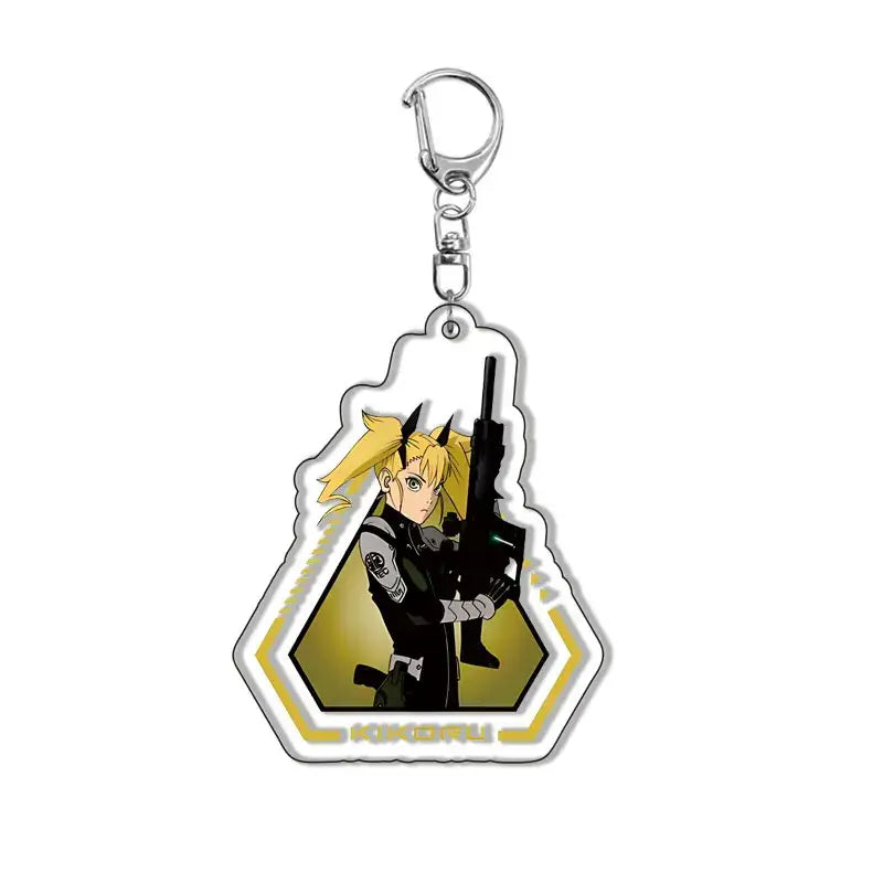Translucent acrylic kafka hibino keychain featuring blonde hair character with black horns holding rifle on yellow background